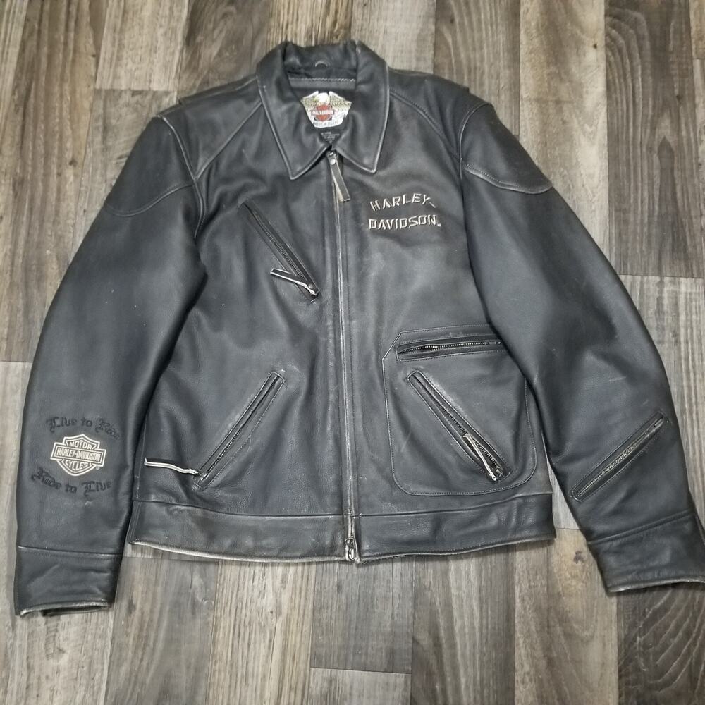 Harley Davidson Eagle Embroidered‎ Distressed Leather Jacket Men's sz Large